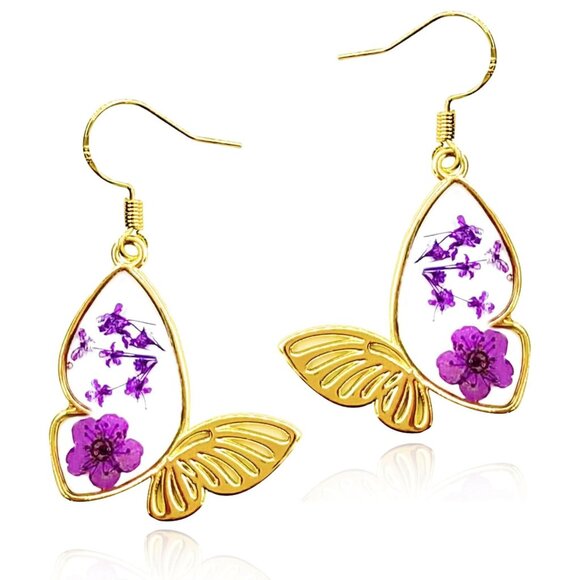 Women's Resin Dry Flowers Pressed Drop Dangle Butterfly Purple Gold Earrings - Picture 1 of 5